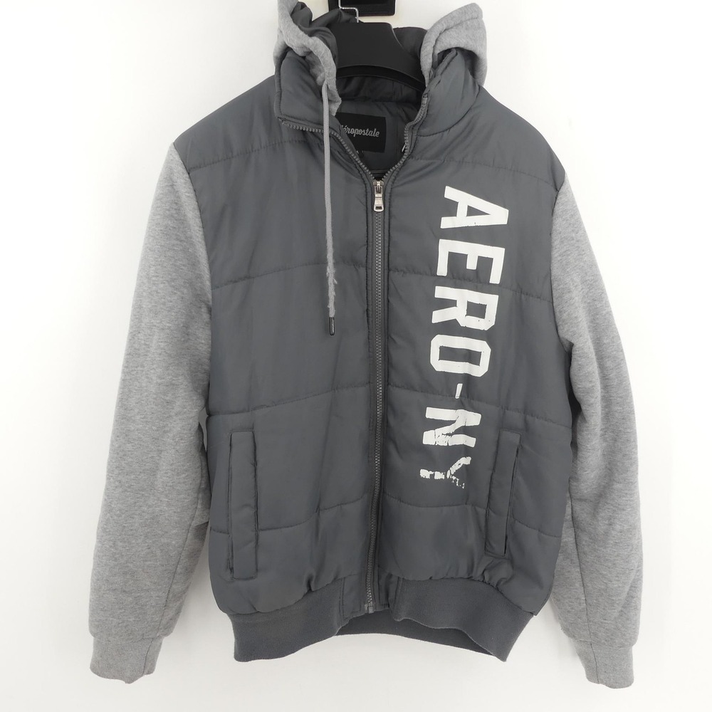 Aeropostale Jacket Men's Medium Gray Hooded Full Zip Puffer Sweatshirt Hybrid‎